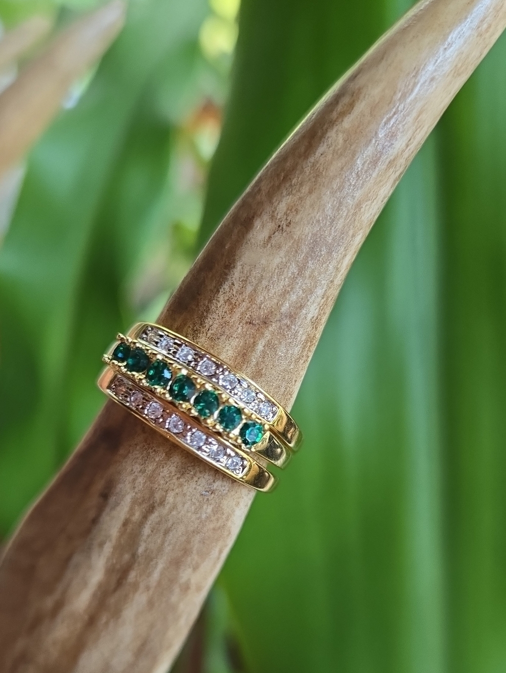 Gold Tone Emerald and Clear Stone Stacking Ring - Women Jewelry. Grandeur 9.